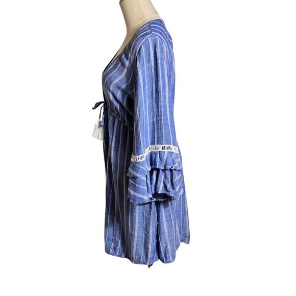 Spiaggia Dolce Blue Striped Boho Dress Or Coverup with Tassels - Picture 5 of 7